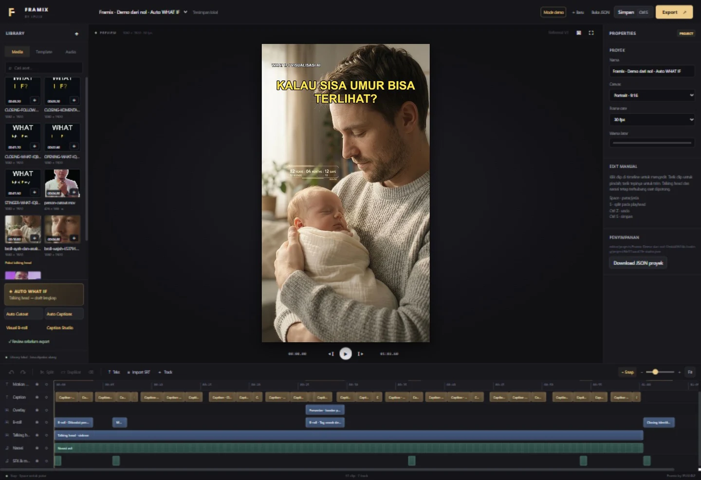 Framix editor: library, preview, and timeline