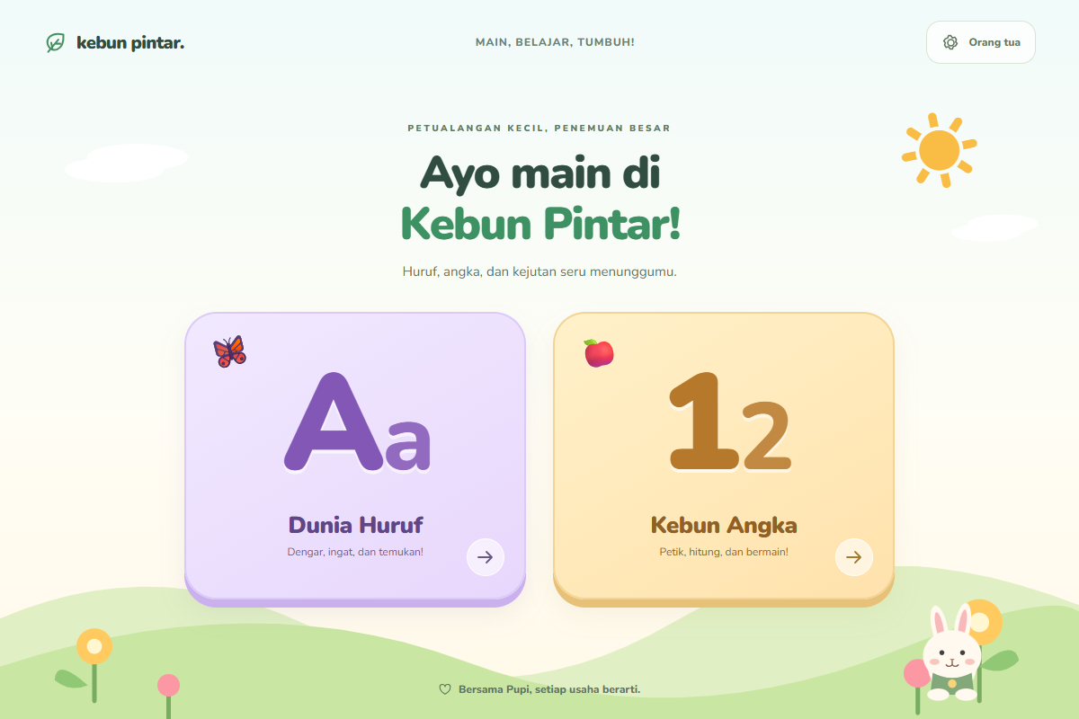 KebunPintar home screen with letter and number activities