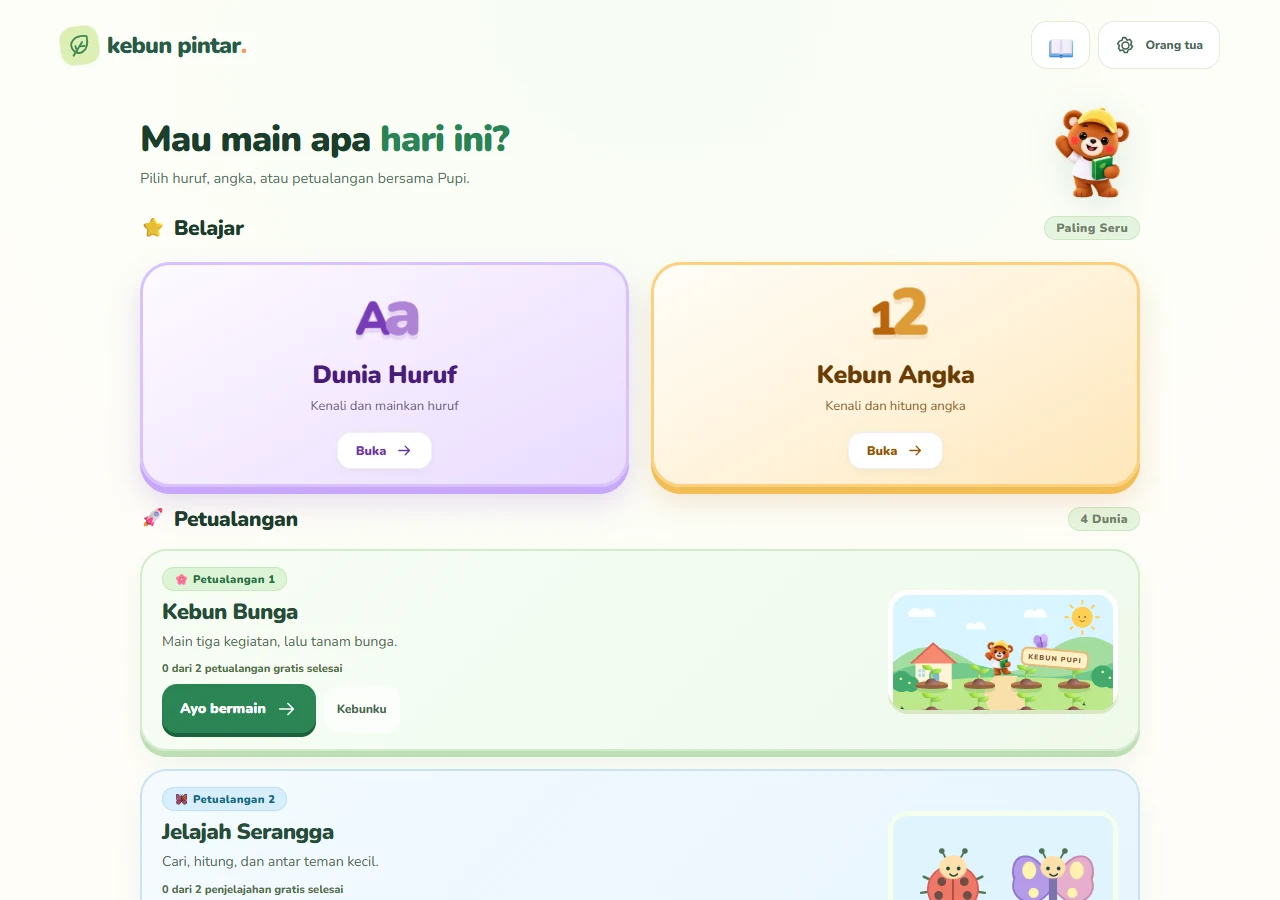 Beranda Kebun Pintar versi 1.2.0 dengan Dunia Huruf, Kebun Angka, dan empat petualangan Pupi